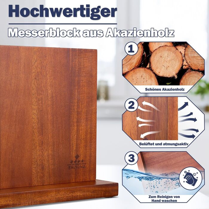 ENOKING Knife Block without Knives, Magnetic, Universal Magnetic Knife Holder, Natural Acacia Wood Knife Holder with Strong Magnets for Cutlery Display and Storage.