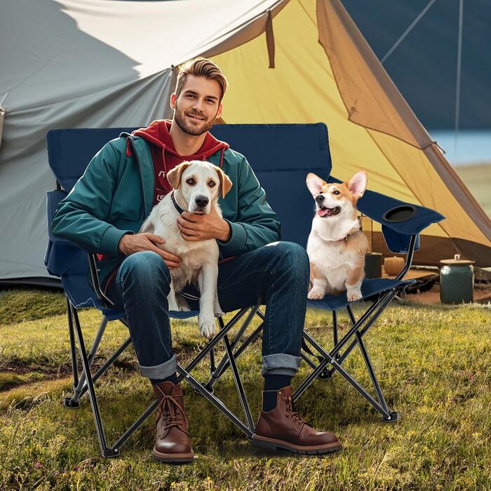 Крісло для кемпінгу Costway на 2 особи, розкладне з підсклянниками та підлокітниками, 300 кг, з сумкою, для кемпінгу, пікніка, риболовлі (Блакитний)