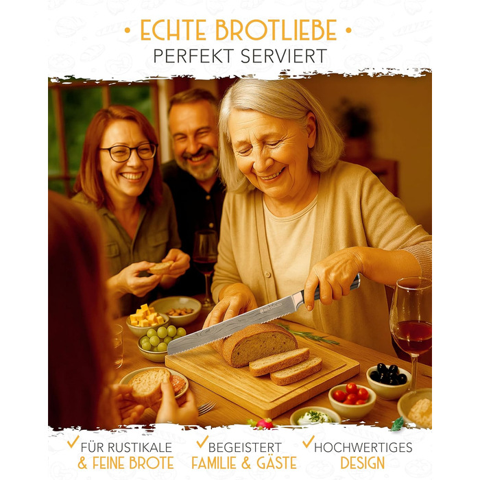 Ніж для хліба KRUSTENZAUBER з хвилястим лезом 20 см, великий ніж для хліба з довговічної нержавіючої сталі для точного та легкого нарізання, пиляльний ніж для хліба та булочок (26 см, дерев'яний грифель)