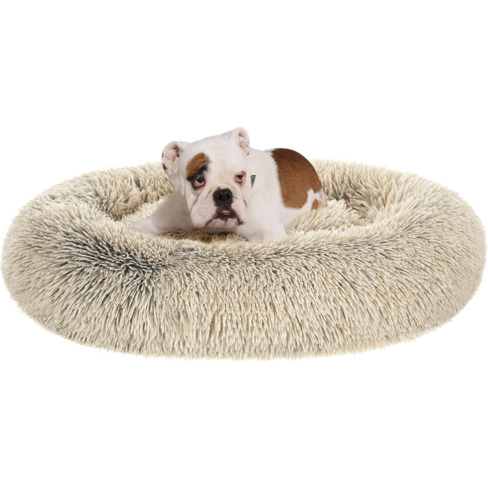 Кругле ліжко для собак та котів Feandrea з м'яким плюшем, діаметр 60 см, знімний наповнювач, Ombré-Сірий/Хакі