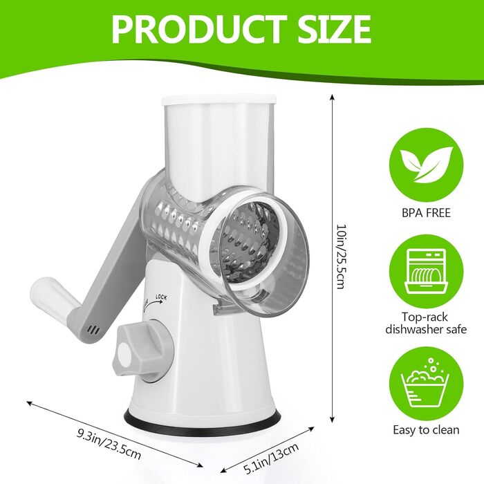Механічна тертка для сиру та овочів Diealles Shine з ручкою, 3 змінні леза з нержавіючої сталі, для сиру, овочів, горіхів, кави, білий колір