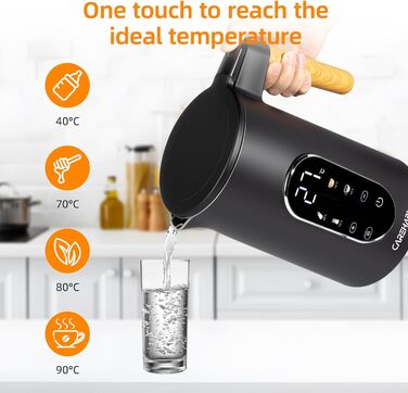 Електричний чайник Carehabi з регулюванням температури, 1.7 л, нержавіюча сталь, чорний, 40°C-100°C, 2200W, LED дисплей, подвійні стінки, функція підтримки тепла
