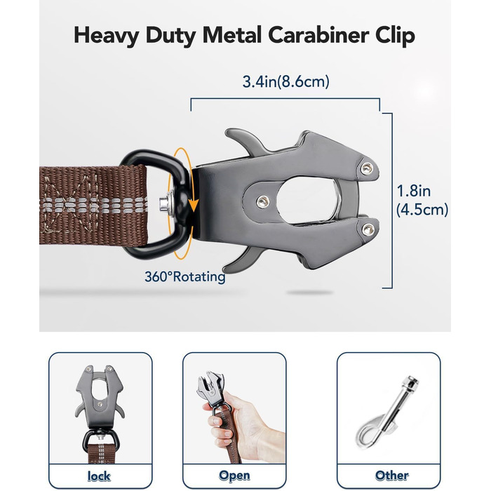 Тактична повідок для собак Joytale, еластична повідок з 2 м'якими ручками, страхувальний ремінь для автомобіля, повідок без натягу для собак середніх, великих та екстра-великих порід (1.2м-1.8м, коричнева)