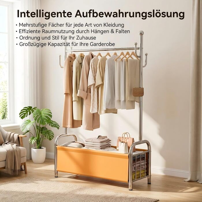 Вішалка для одягу з нержавіючої сталі з кошиком для білизни, міцна, витримує до 115 кг, 3-в-1, для спальні, коридору - UP01