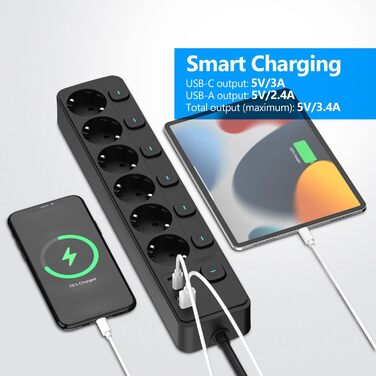 Многорозеткова смуга JSVER 5-портова з індивідуальним вимикачем, 2 USB-A та 2 USB-C (17W), розширювач на 2м для смартфонів, ноутбуків - білий (чорний 6-портова)