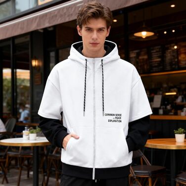 Чоловіча толстовка з капюшоном RUIZEHONG з блискавкою, блоковий колір, з кишенями, повсякденна, біло-чорна, розмір XL