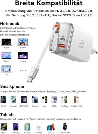 Мсдодо зарядний пристрій USB-C 67W з висувним кабелем, мережевий адаптер, зарядка GaN 3-Port з LED дисплеєм для iPhone, Galaxy, MacBook Pro, iPad