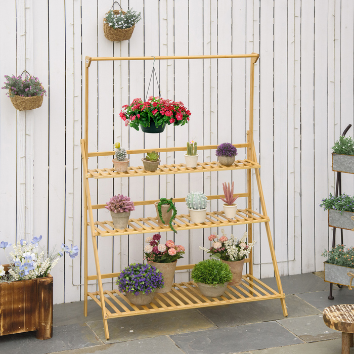Outsunny Wooden Flower Ladder Shelf - Adjustable Height Plant Stand, Hanging Bamboo Natural Indoor/Outdoor Decor, 100 x 40 x 143 cm