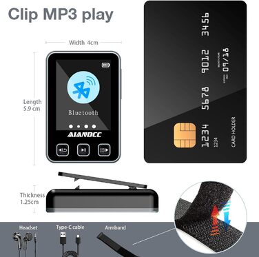 MP3-плеєр Bluetooth 5.3 зі спортивним кліпом та браслетом, 1.77