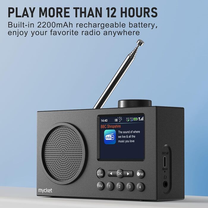 Портативне DAB/DAB+ радіо з цифровим радіо UKW, FM, Bluetooth 5.0, двома будильниками, 40 попередніх станцій та 2.4