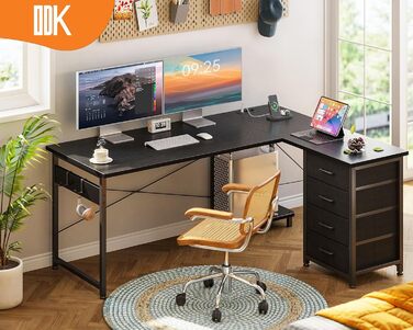 Кутовий письмовий стіл ODK з висувними шухлядами, USB та розетками, для домашнього офісу, чорний, 135×100 см
