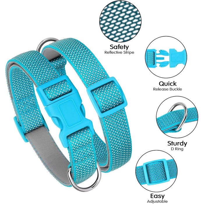 Світловідбиваючий нашийник для собак Didog з пряжкою, регульований, м'який неопрен, з підкладкою, нейлон, для малих, середніх та великих собак, зелений, L (M: Neck 25-43cm, Blue)