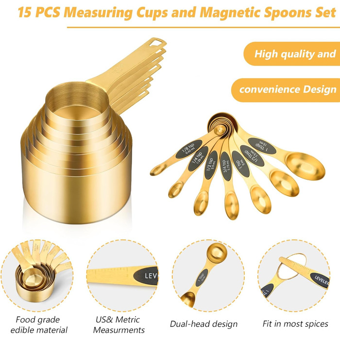 Stainless Steel Measuring Cups and Spoons Set, 15 Piece, 7 Magnetic Measuring Spoons, 7 Stainless Steel Measuring Cups, 1 Level, For Dry and Liquid Ingredients, For Baking and Cooking