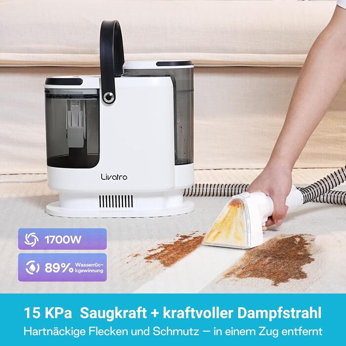 Апарат для чищення м'яких меблів та килимів: волого-пилосос 15 kPa, бак 1.6 л, компактний пароочисник, самоочищення, для дому та авто