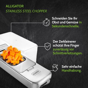 Подрібнювач для овочів Alligator 3094 з нержавіючої сталі - 3 насадки (3x3, 6x6, 12x12 мм) - з контейнером, BPA-free