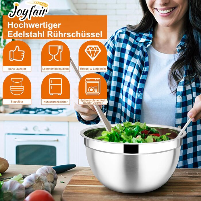Набір мисок Joyfair 3 шт. з нержавіючої сталі з кришками, 4.5L/2.7L/1.5L - для змішування, сервірування, приготування їжі, сумісні з посудомийною машиною