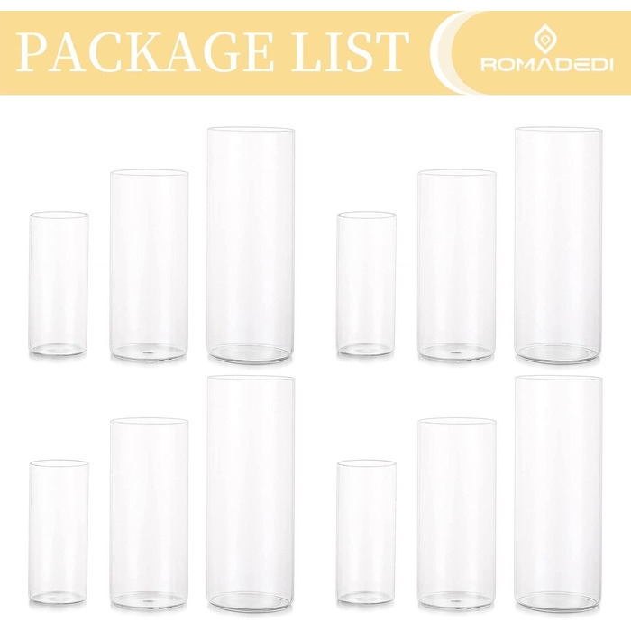 Candle Holders Glass Candle Holders Candle Stands Glass Cylinders: Romadedi 12-Piece Set of Candle Holders for Pillar Candles, Floating Candles, Candle Glass Vase for Wedding, Party, Dining Table, Table Decoration, Living Room Decor (15/20/25cm, 4 Sets)