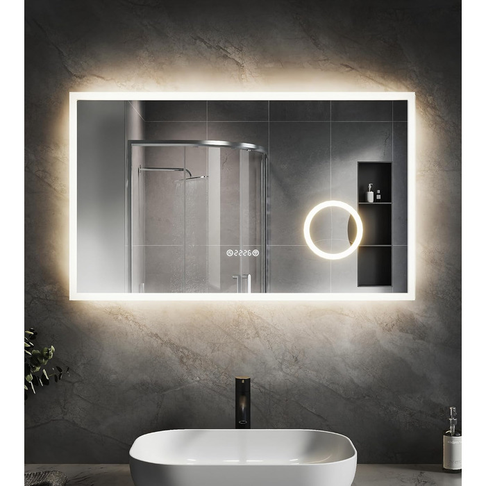 Дзеркало для ванної кімнати SVNR з підсвічуванням 40x60 см, LED, алюмінієва рама, захисне скло, IP44, 3 кольори світла, антизапар, годинник, 5x лупа, розетка для гоління