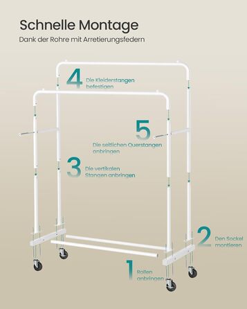 SONGMICS Вішалка для одягу на коліщатках, гардеробний стійка, білий матовий, 2 стійки, до 50 кг, 38 x 110 x 141,5 см, HSR016BH01