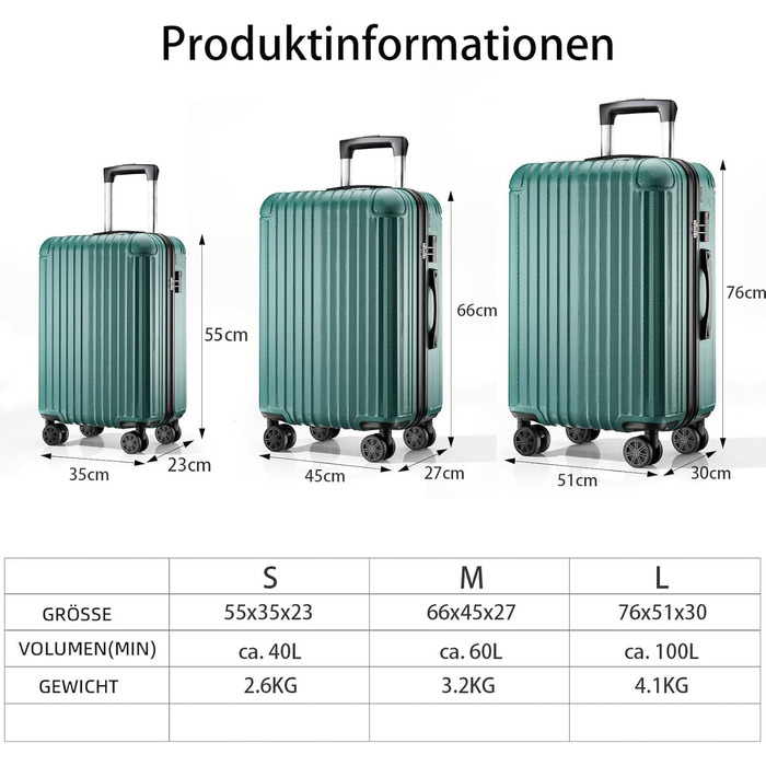Набір валіз 3 в 1, жорсткий корпус, валізи та ролери з 4 колесами та кодовим замком, ручна валіза, темно-зелений набір