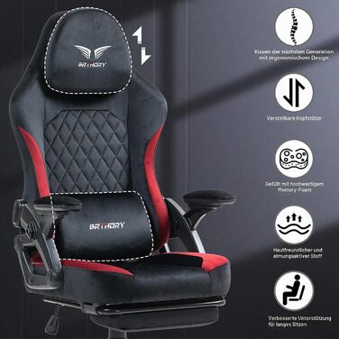Геймерське крісло Racing Ergonomic з регульованою подушкою для голови та підставкою для ніг, тканинна оббивка, чорно-червоне