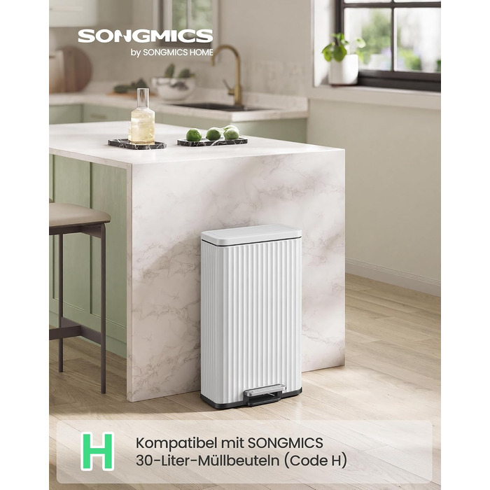 Сміттєвий відер SONGMICS для кухні, 30 л, педальний смітник зі сталі з системою Soft-Close (білий)