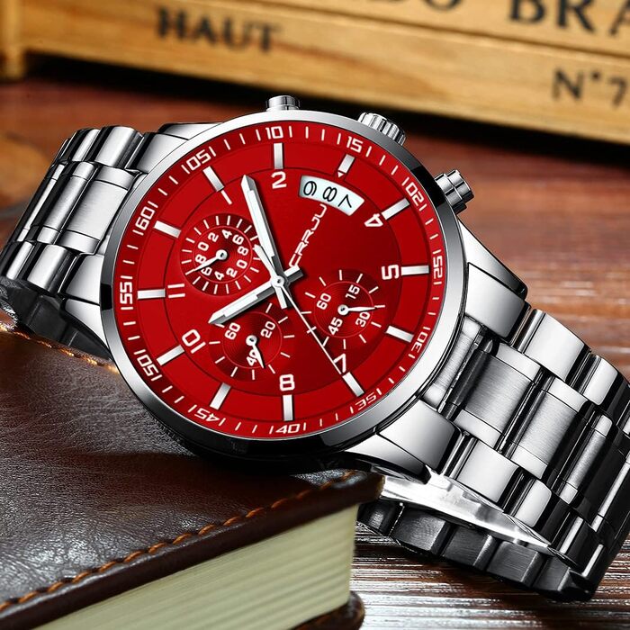 Чоловічий годинник CRRJU Business з нержавіючої сталі, водонепроникний хронограф з календарем, аналоговий кварцовий годинник з нержавіючої сталі (сріблястий, червоний)