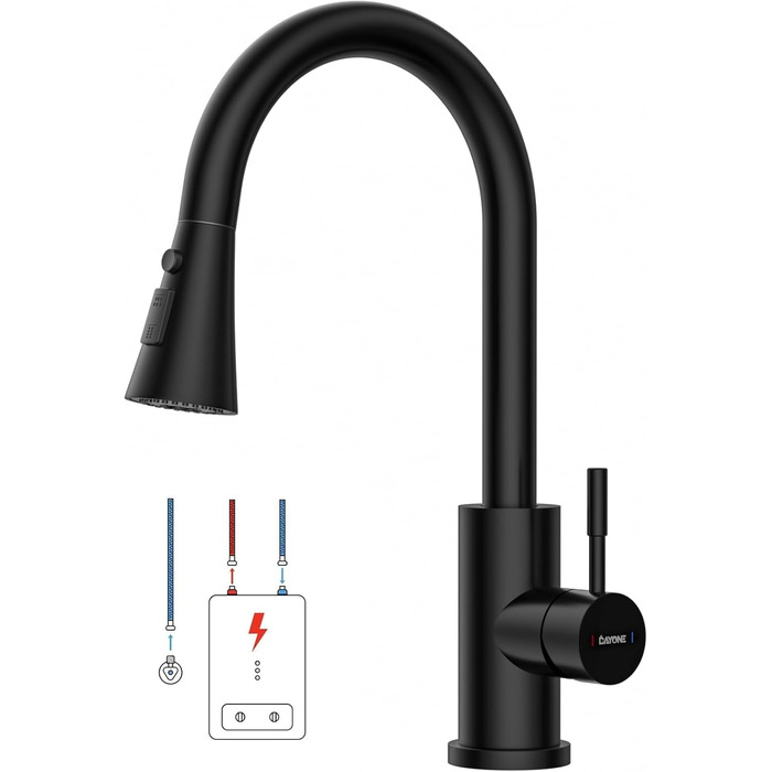 Кухонний змішувач DayOne з висувною лійкою, нержавіюча сталь SUS304, високий тиск, кухонний кран з 2 функціями, поворотний на 360°, для кухні (низький тиск, 247mb-niederdruck)