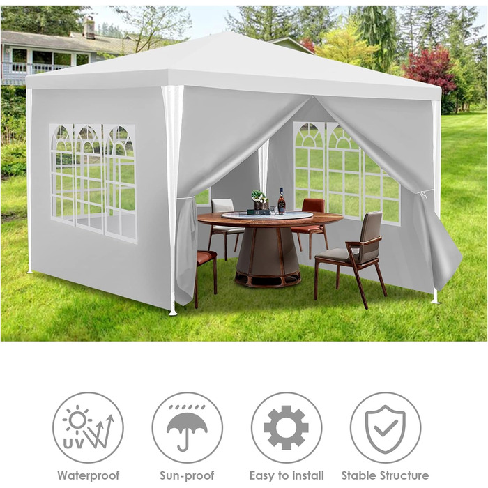 Garden Pavilion - Garden Gazebo with 6 Side Walls and Windows, Stable, UV Protection, Waterproof, Party Pavilion, Folding Garden Tent, Party Tent, for Outdoor, Garden, Party, Wedding (3x3m, White)