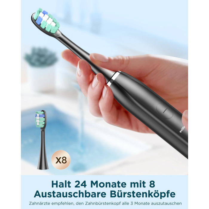 Електрична звукова зубна щітка для дорослих - відбілювання, ультразвукова, з кейсом для подорожей та зарядною станцією, 8 насадок, 5 режимів чищення (Чорна)
