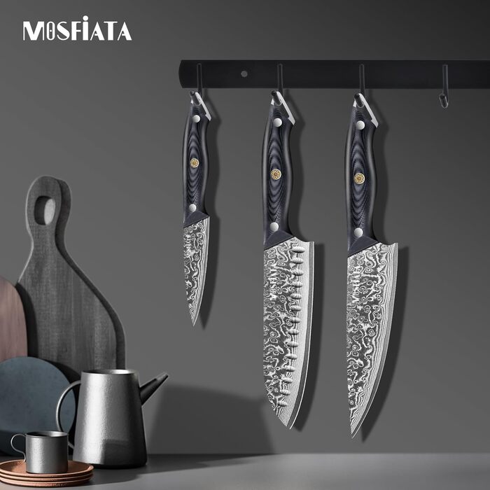 Ніж кухарський MOSFiATA Дамаск 8 дюймів - Японський ніж з дамаської сталі, кухонний ніж шеф-кухаря з чохлом, 3 захисними вкладишами та подарунковою упаковкою