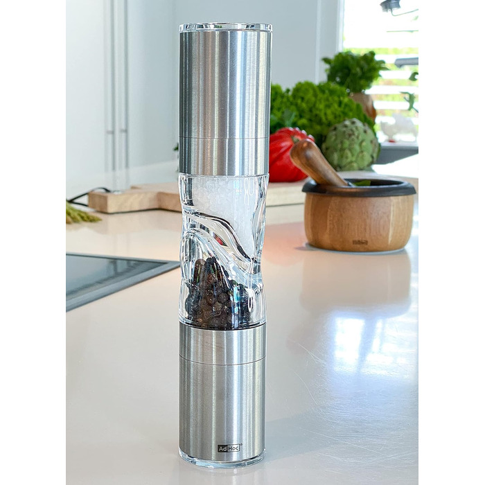 AdHoc DUOMILL PURE MP900 комбінована млинниця для солі та перцю, нержавіюча сталь та акрил, керамічні жорна, подвійна млинниця з ароматозахистом, подарункова упаковка, срібляста
