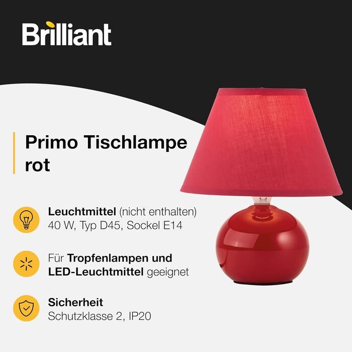 BRILLIANT Primo: стильна настільна лампа з тканинним абажуром – невелика лампа для нічного столика, спальні та вітальні – цоколь E14, вимикач – помаранчевий (червоний)