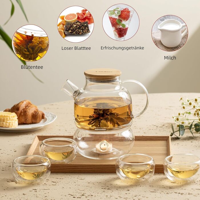Скляна чайниця з ситечком CnGlass, 900мл, стійка до плити, для листового та квіткового чаю, комплект з 4 чашками по 100мл