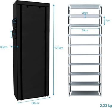 INTIRILIFE Folding Wardrobe 170x58x28 cm in Raven BLACK - with Zipper Fabric Wardrobe, Clothes Rack, Shoe Shelf with 9 Storage Compartments - Camping Storage Box, Textile Wardrobe