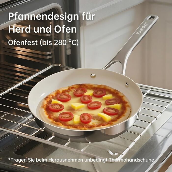 Набір сковорідок з керамічним антипригарним покриттям Tjean (без PTFE, PFOA, PFAS) з нержавіючою ручкою, підходить для індукційних, газових, електричних плит та духовки до 280°C (кремовий, 20+24+28 см)