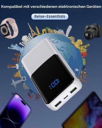 Повербанк Power Bank 27000mAh з швидкою зарядкою USB-C PD 20W, зовнішній акумулятор для iPhone та Samsung з LED-дисплеєм, 2 входи та 3 виходи (Білий)