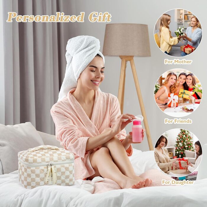 Набір косметичок 3 шт. з квітковим принтом, для подорожей та повсякденного використання | Косметичка для макіяжу для жінок та дівчат. Хакі в клітинку