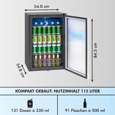 Холодильник для напоїв Bomann® KSG 7287 Inox | 63 літри | регулювання температури +3–10°C | з дверцятами зі скла, 4 полиці та LED-підсвічуванням | тихий, енергоефективний та компактний | для пляшок та банок