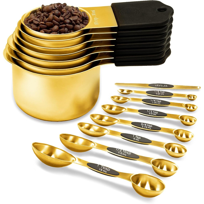 Magnetic Measuring Cup and Spoon Set, including 7 gold-colored stainless steel measuring cups and 8 magnetic gold measuring spoons with 1 leveler for cooking and baking