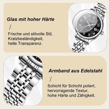 Жіночий годинник з арабськими цифрами, маленьке циферблат, Easy Read, з датою, з нержавіючої сталі, водонепроникний, сріблястий браслет, чорний циферблат (L8863G)