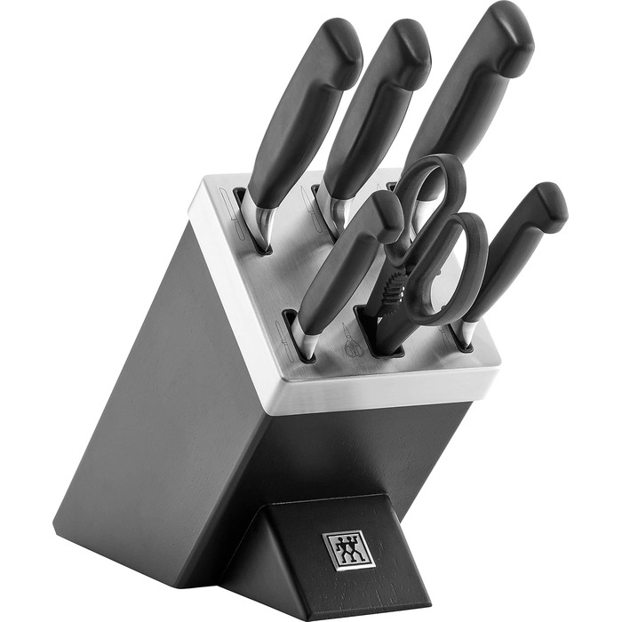 ZWILLING Vier Sterne Self-Sharpening Knife Block Set - 7 Piece German Stainless Steel Knife Set with Scissors & Black Handles