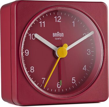 Braun Classic Analog Travel Alarm Clock, compact size, quiet quartz movement, crescendo alarm in red, model BC02R.