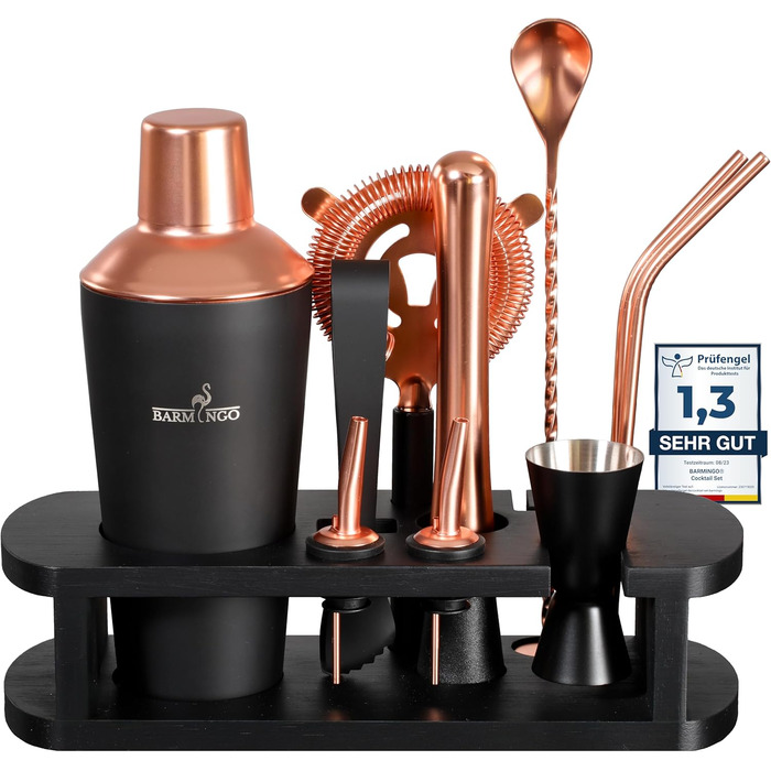 BARMINGO Stainless Steel Cocktail Set - 11 Piece Bar Set with Stand & Accessories | Cocktail Shaker Set | Bartender Set | Cocktail Mixing Set | Gift Set