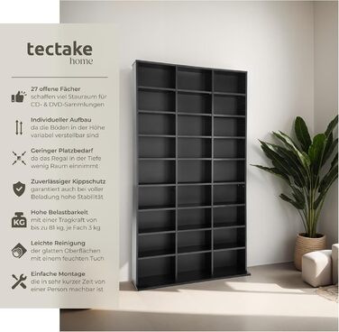 tectake Regal Storage, open shelf cabinet standing for CDs, DVDs, as a bookcase, room divider, stand or display case for collections and hobbies - black