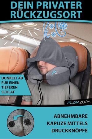 FLOWZOOM AIR Neck Pillow Inflatable with Hood - Neck Pillow Airplane - Travel Pillow - Quickly Inflatable Neck Pillow Travel - Airplane Pillow - Travel Pillow - Neck Support Adult (gray)