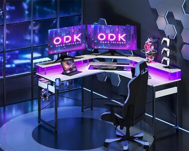 Ігровий стіл ODK з LED-підсвіткою, 2 розетками та 2 USB, кутовий білий комп'ютерний стіл з підставкою для монітора 129x129 см для геймінгу та домашнього офісу