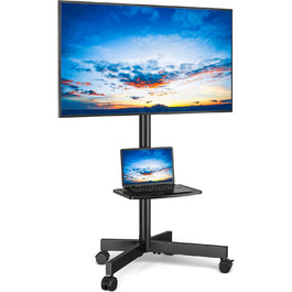 Rolling TV Stand with Wheels - Adjustable Height Mobile TV Trolley for 27-60 inch TVs, VESA 400x400, 40kg Max Weight, White (Black)