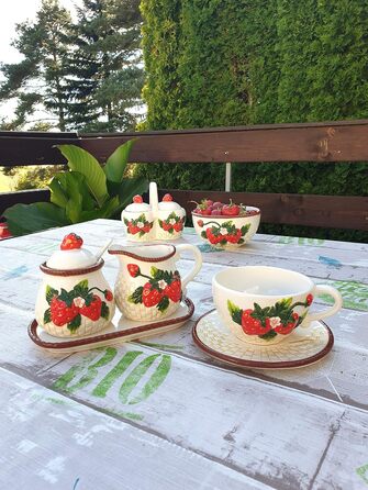 Dolomite coffee cup and saucer set with strawberry relief, size approximately 15.5 x 11 x 6.5 cm, cup with saucer, set of 6