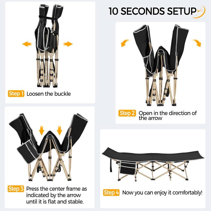 Ліжко гостьове Yaheetech складане, кемпінгове, з бічною кишенею та сумкою для транспортування, до 150 кг (Чорне)